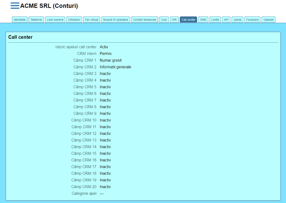 Interfață proprietăți call center